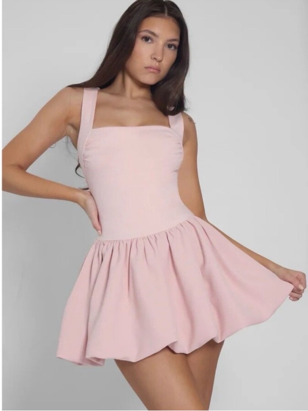 Square Neck Pink Mini Dress with Flared Skirt